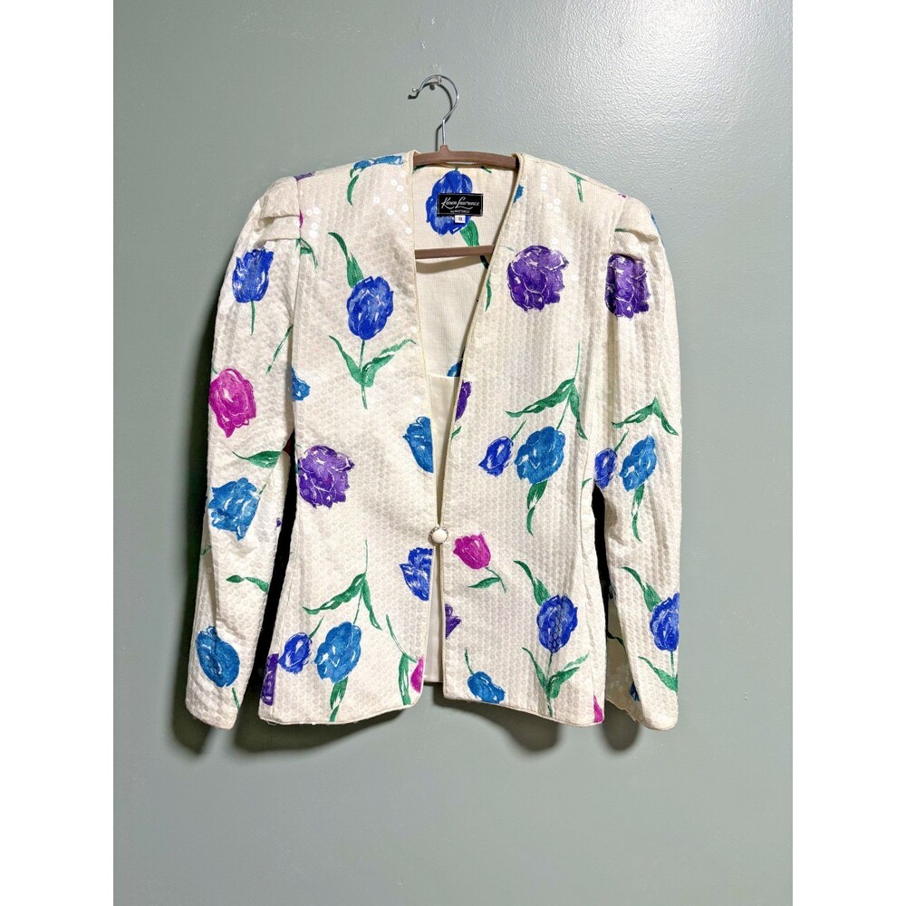 VTG Sequin Jacket Union Tag Sz 8 flowers Retro Elegant Festive Glam